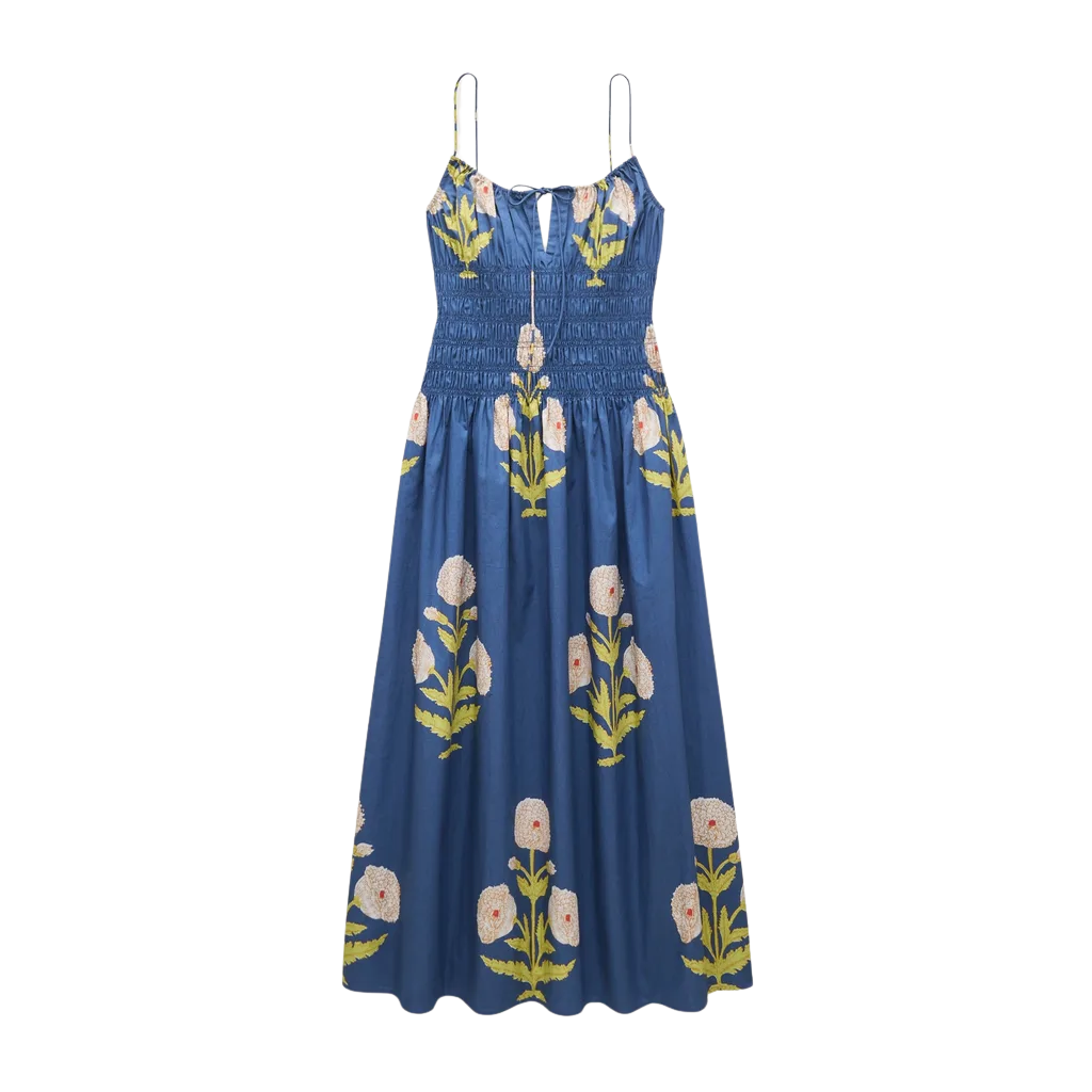 Reverie dress in marigold block print