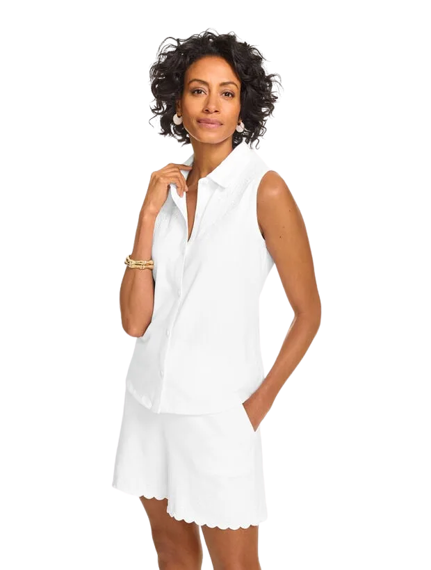 Eyelet Knit Sleeveless Button Front Top