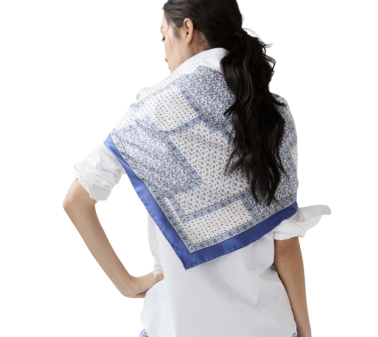 Large Hand-Rolled Scarf in Blue Patchwork Bandana Silk Twill