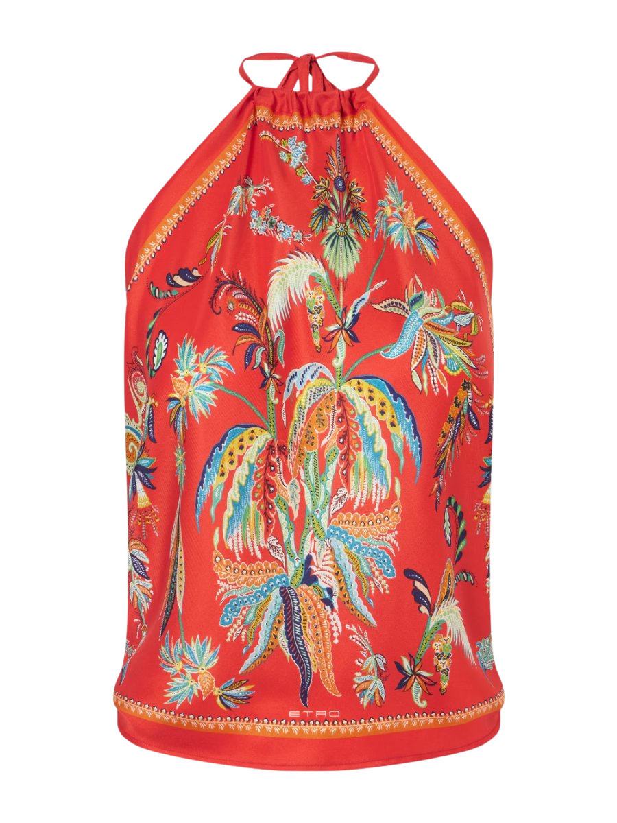 Printed silk-satin halterneck top