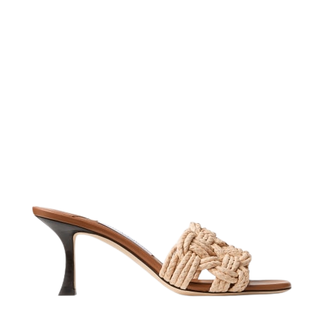 Chara 70 Tan Leather and Crochet Raffia Mule Sandal