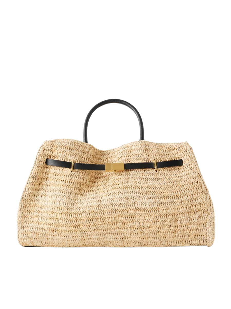 Hudson leather-trimmed raffia tote