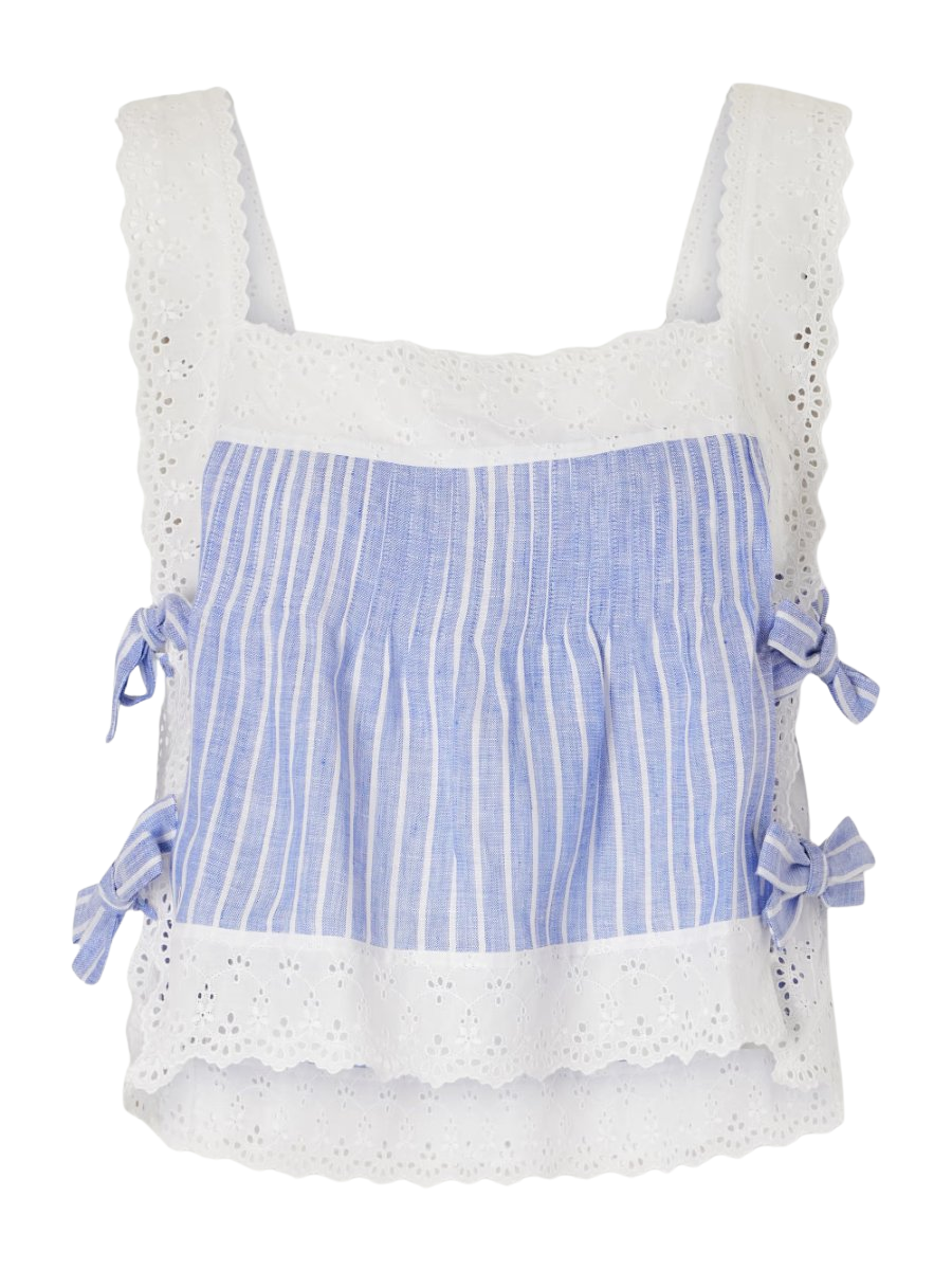 Loretta Caponi Fiocchini pleated striped broderie anglaise-trimmed linen top
