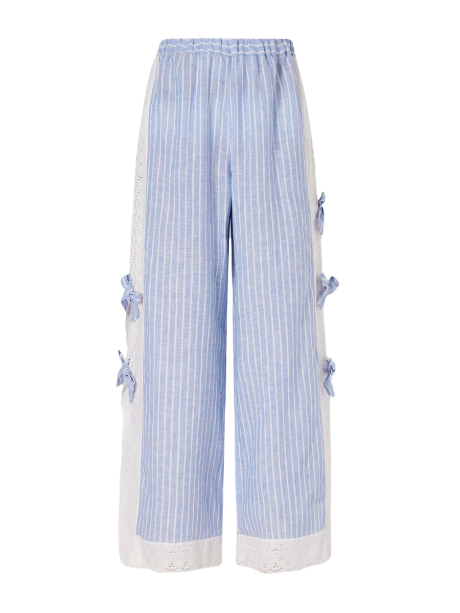 Clarissa bow-embellished striped broderie anglaise-trimmed linen straight-leg pants
