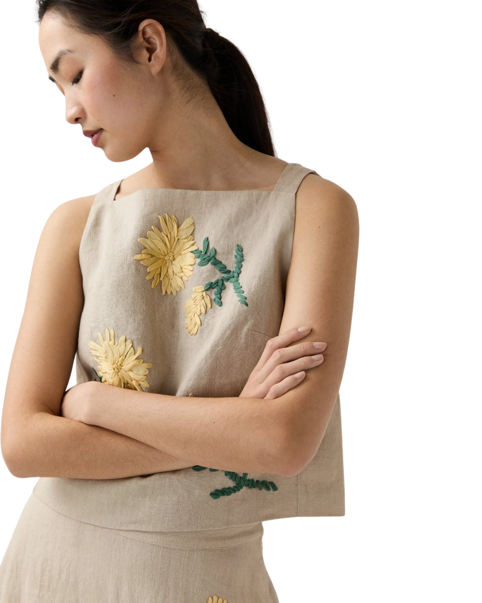 Square Gia Shell in Yellow/Flax Ribbon Embroidered Linen