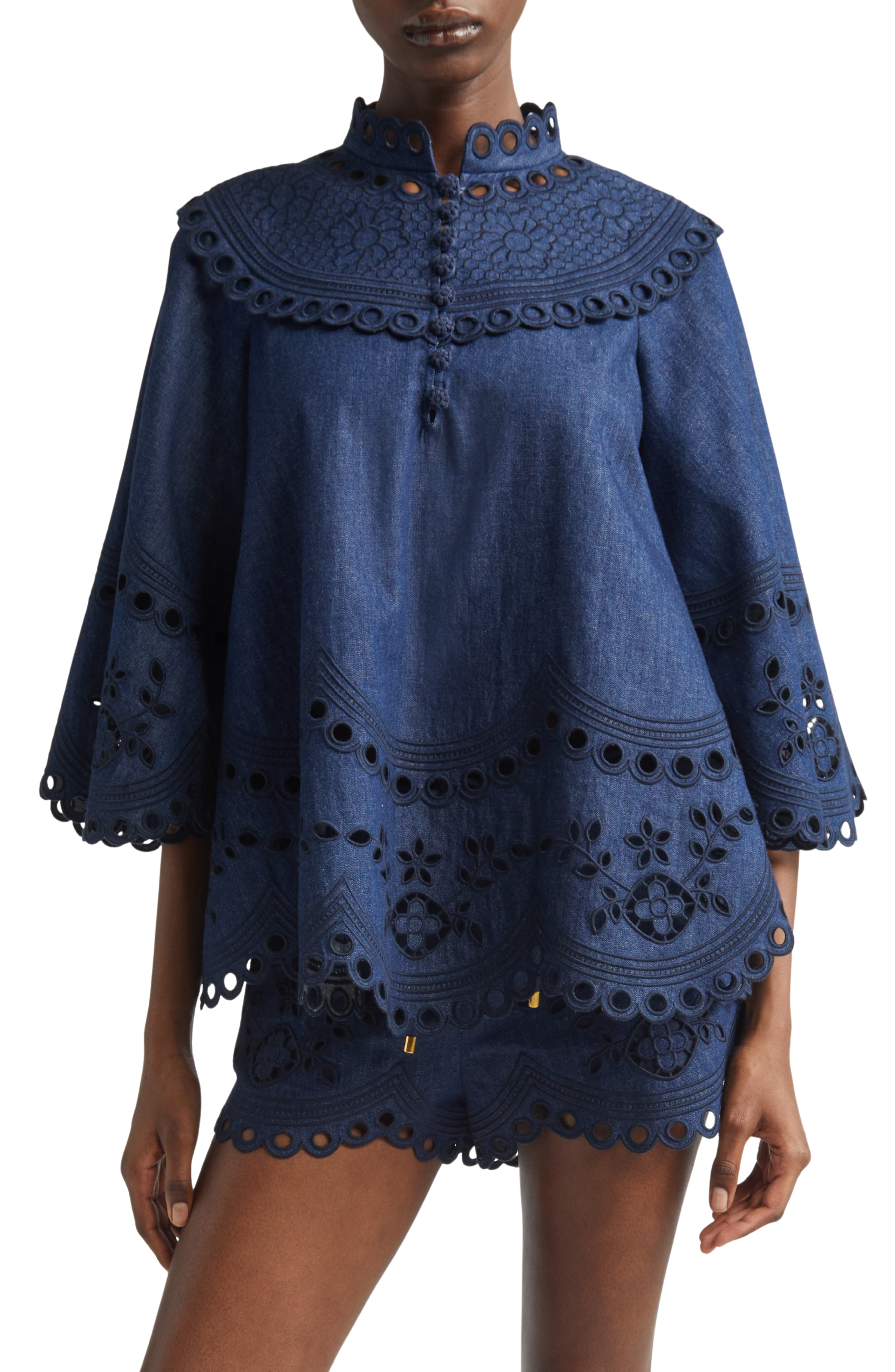 Mahon Broderie Anglaise Denim Cape Top