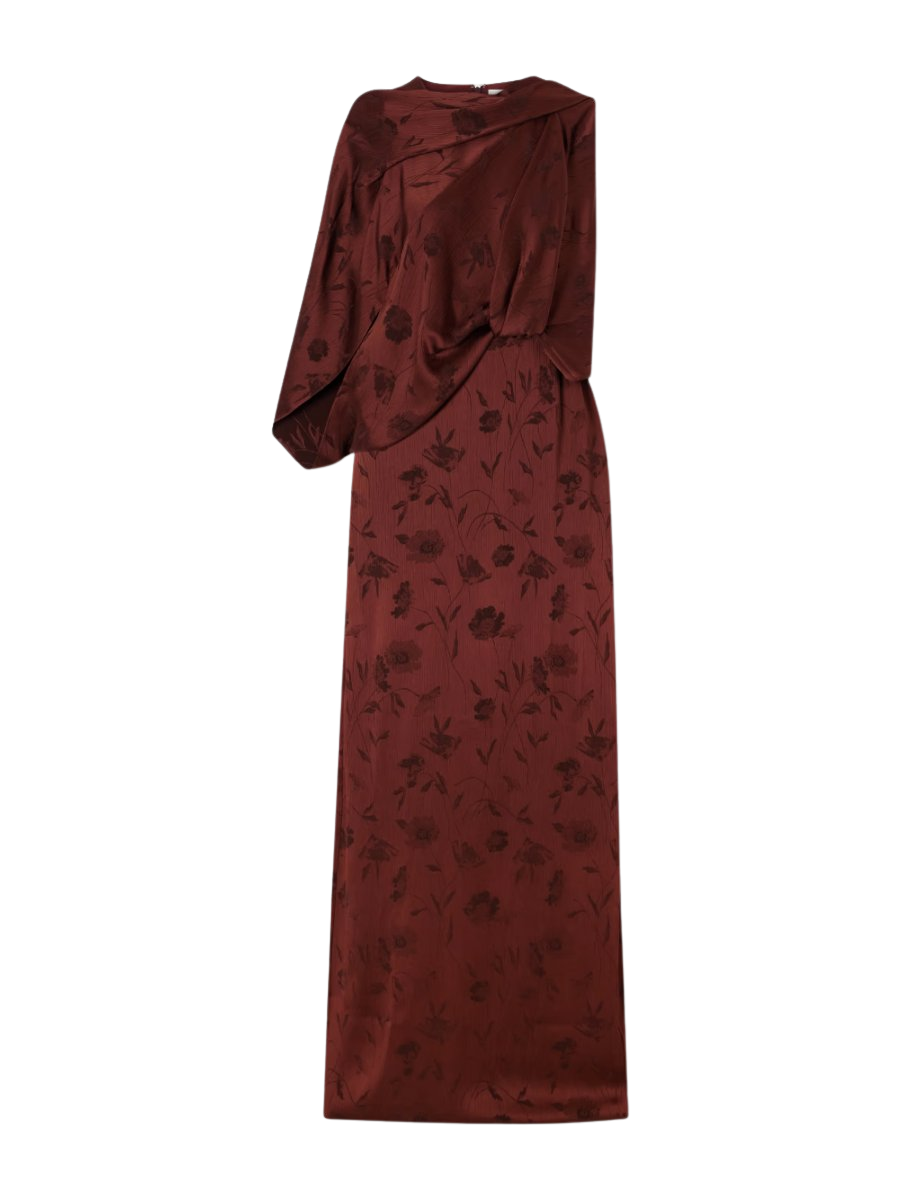 Draped floral-jacquard crepon gown