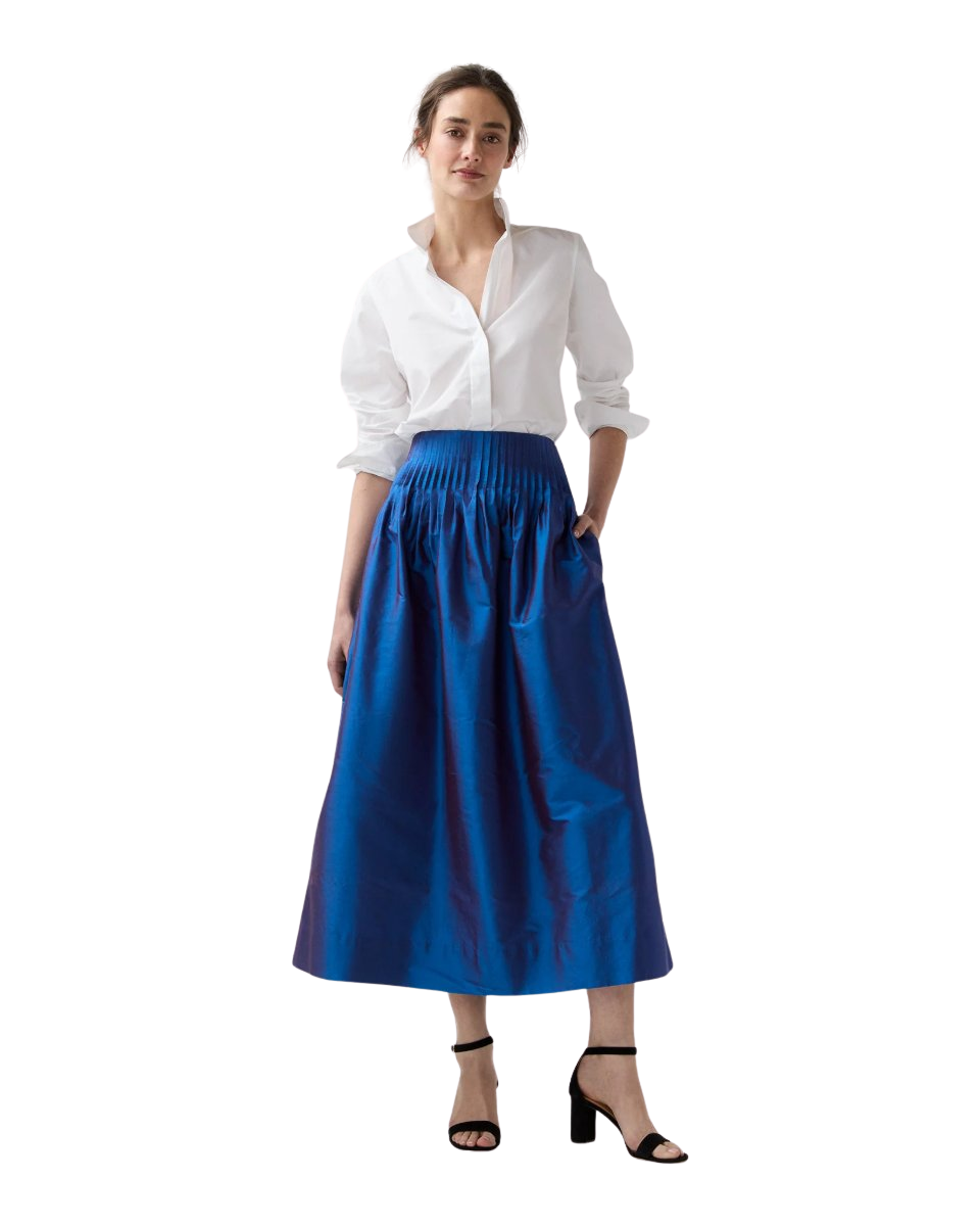 Adah Pintuck Skirt in Wave Iridescent Silk Shantung