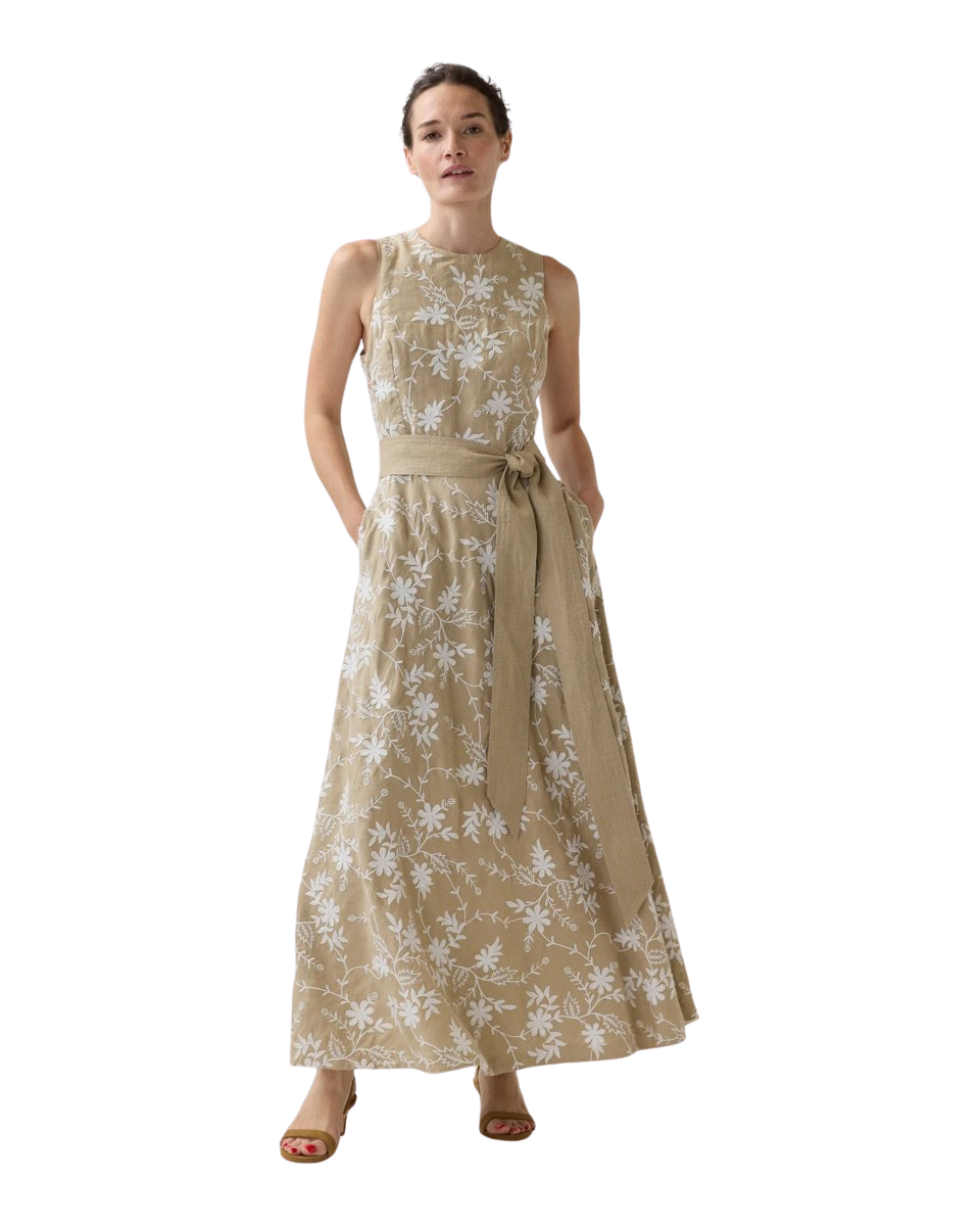 Rosalie Dress in Oatmeal Embroidered Linen