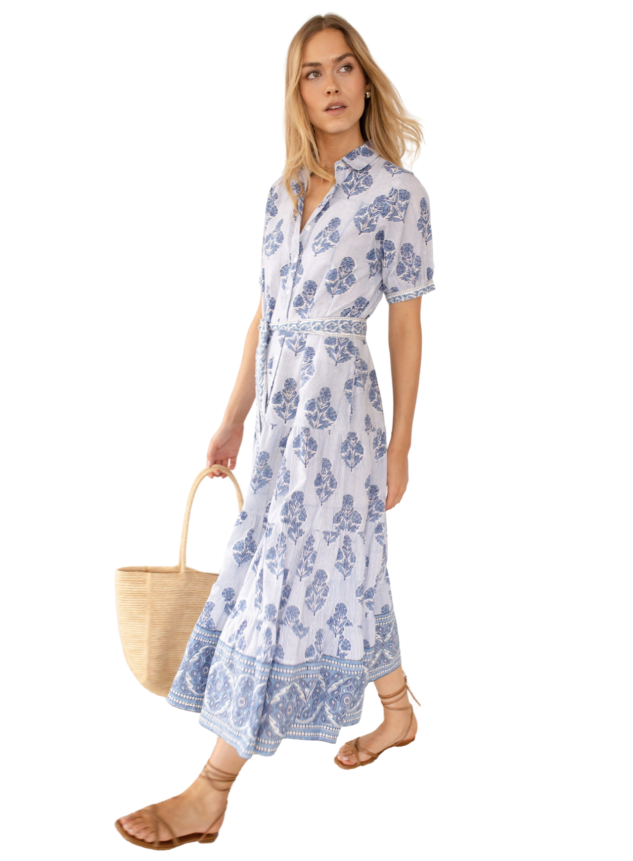 Short Sleeve Shirt Dress - Indigo Striped Hollyhock