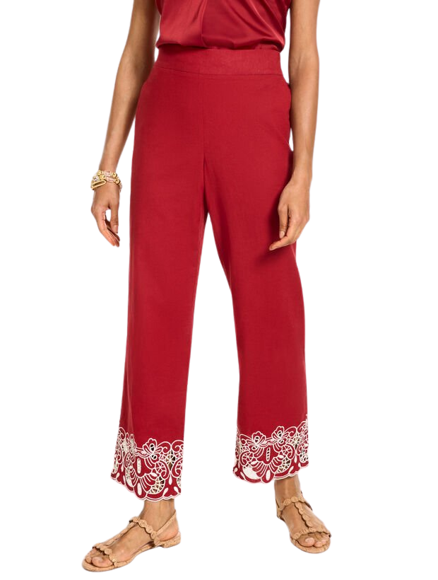 Linen Blend Embroidered Straight Ankle Pull-On Pants