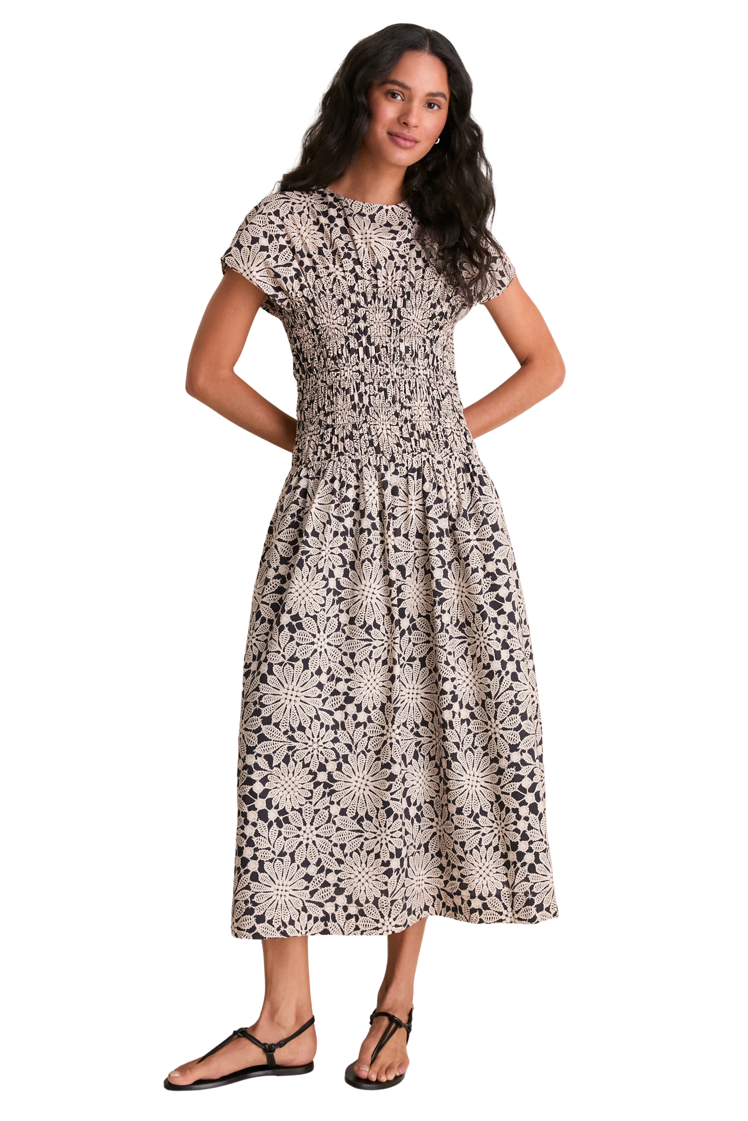 Black & Tan Printed Floral Smocked Rollins Midi Dress