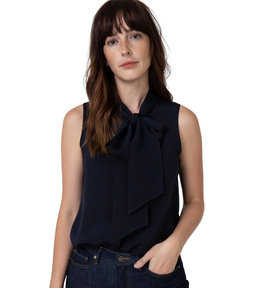 Sleeveless Tie-Neck Blouse Navy Silk Crepe de Chine