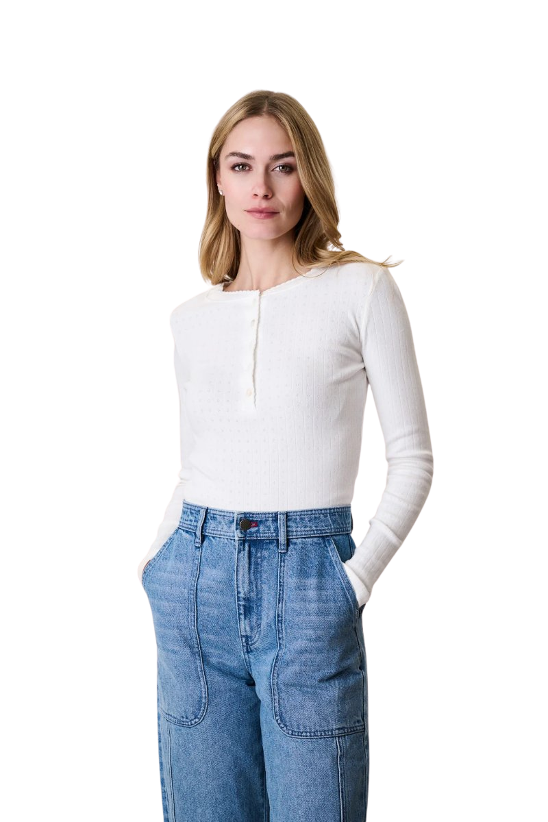 Pointelle Long Sleeve Henley - White