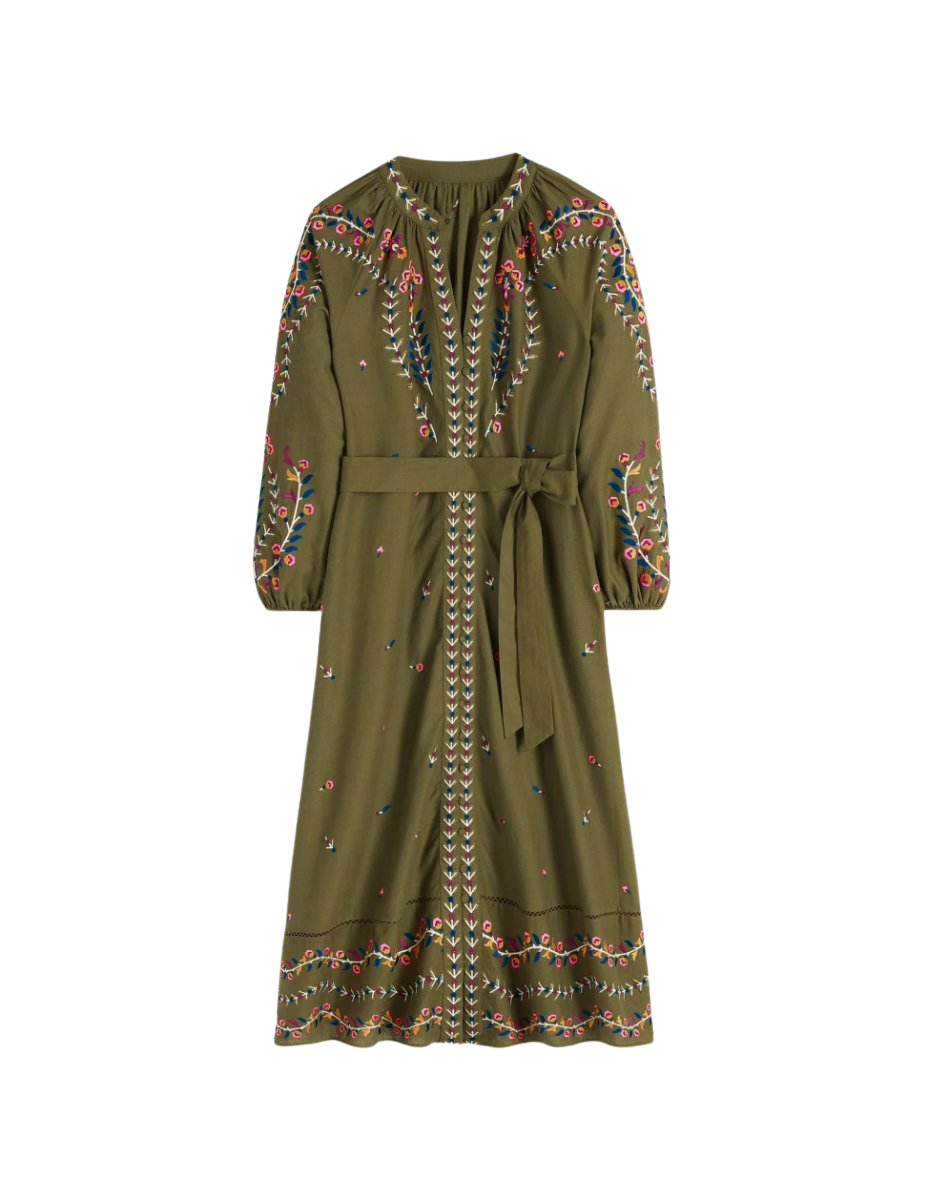 Embroidered Linen Dress Woodland Green