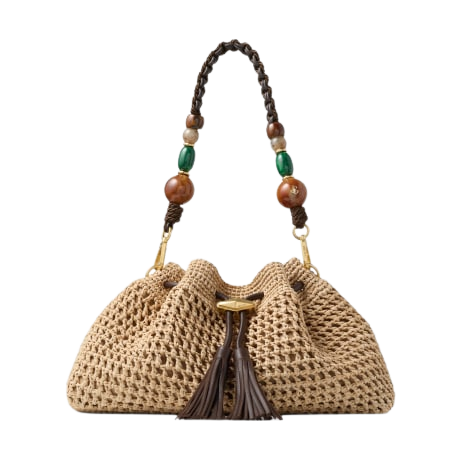 Cinch Medium Natural and Chocolate Crochet Raffia Shoulder Bag with Braided Strap
