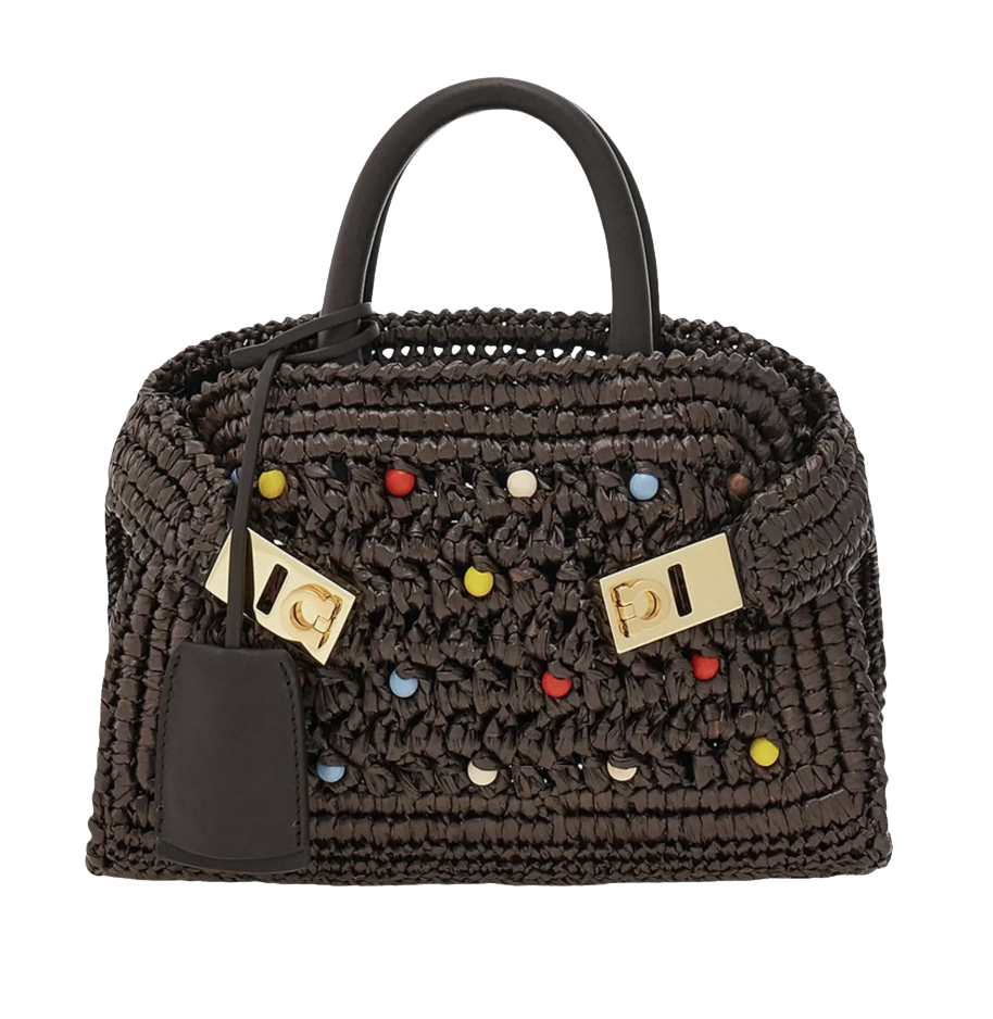 Ferragamo Hug Beaded Raffia Top-Handle Bag