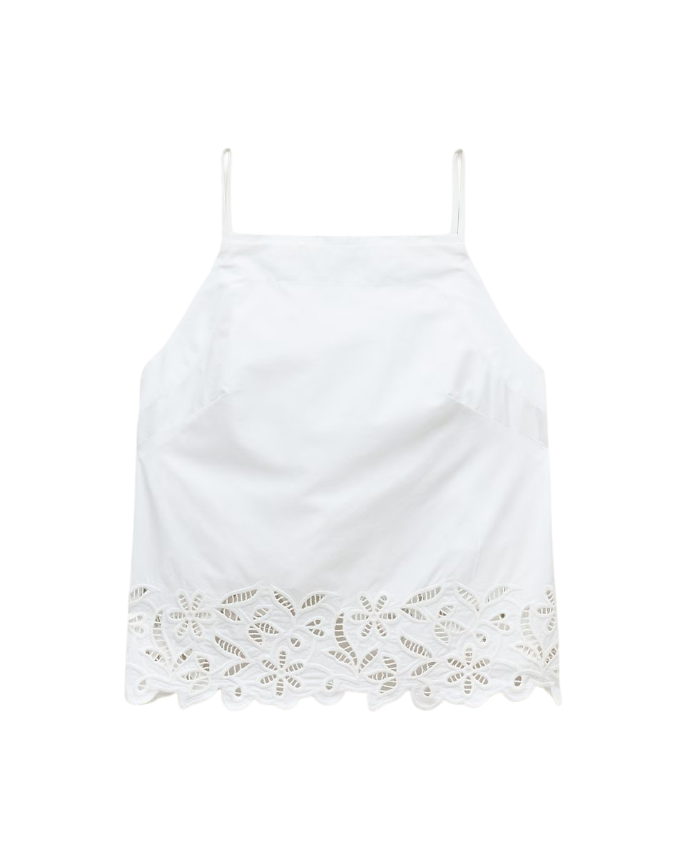 Embroidered high-neck top in cotton poplin