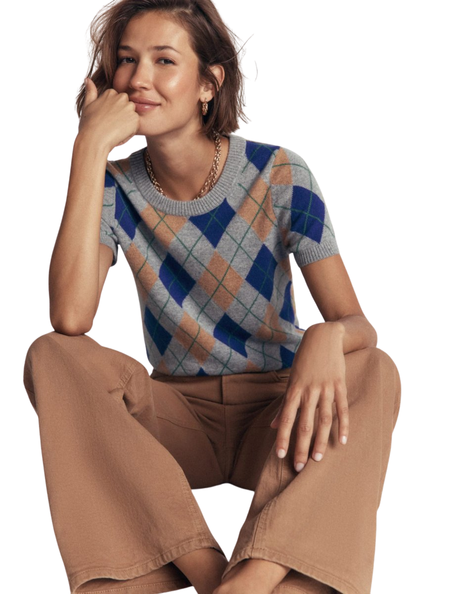 Elsie Cashmere Crew T-shirt Grey, Argyle