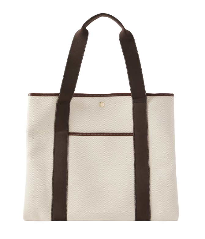 Bucket leather and webbing-trimmed canvas tote