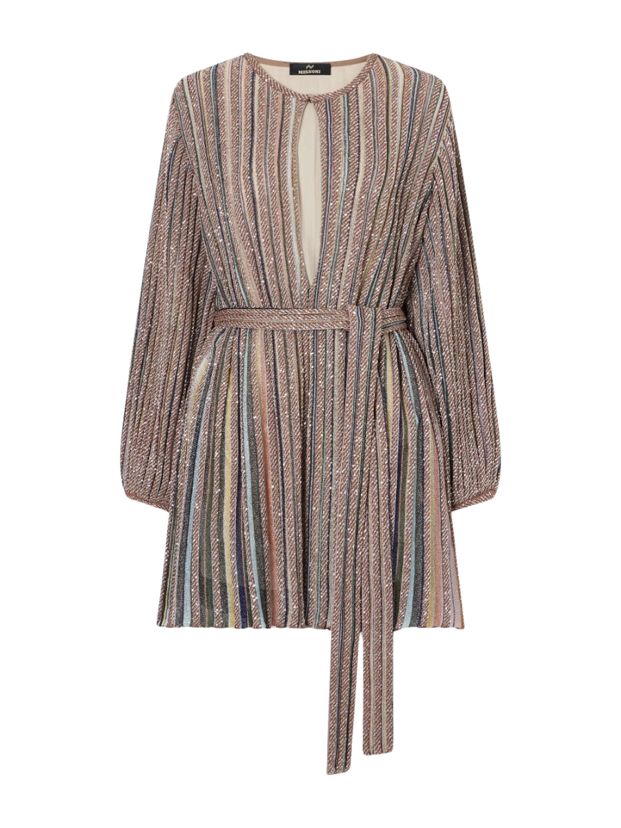 MISSONI Belted sequin-embellished metallic crochet-knit mini dress