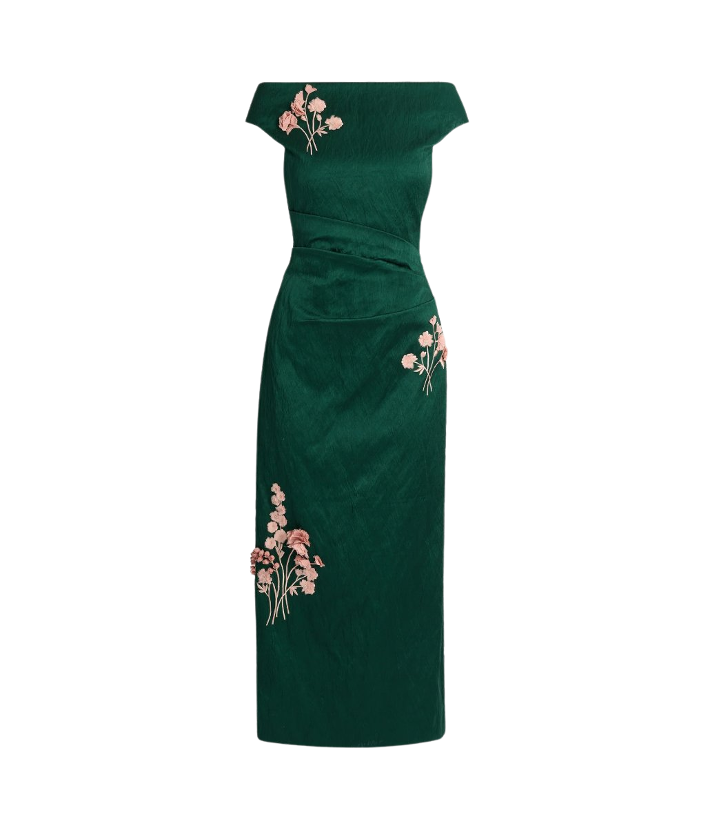 Embroidered Textured Satin Midi Pencil Dress