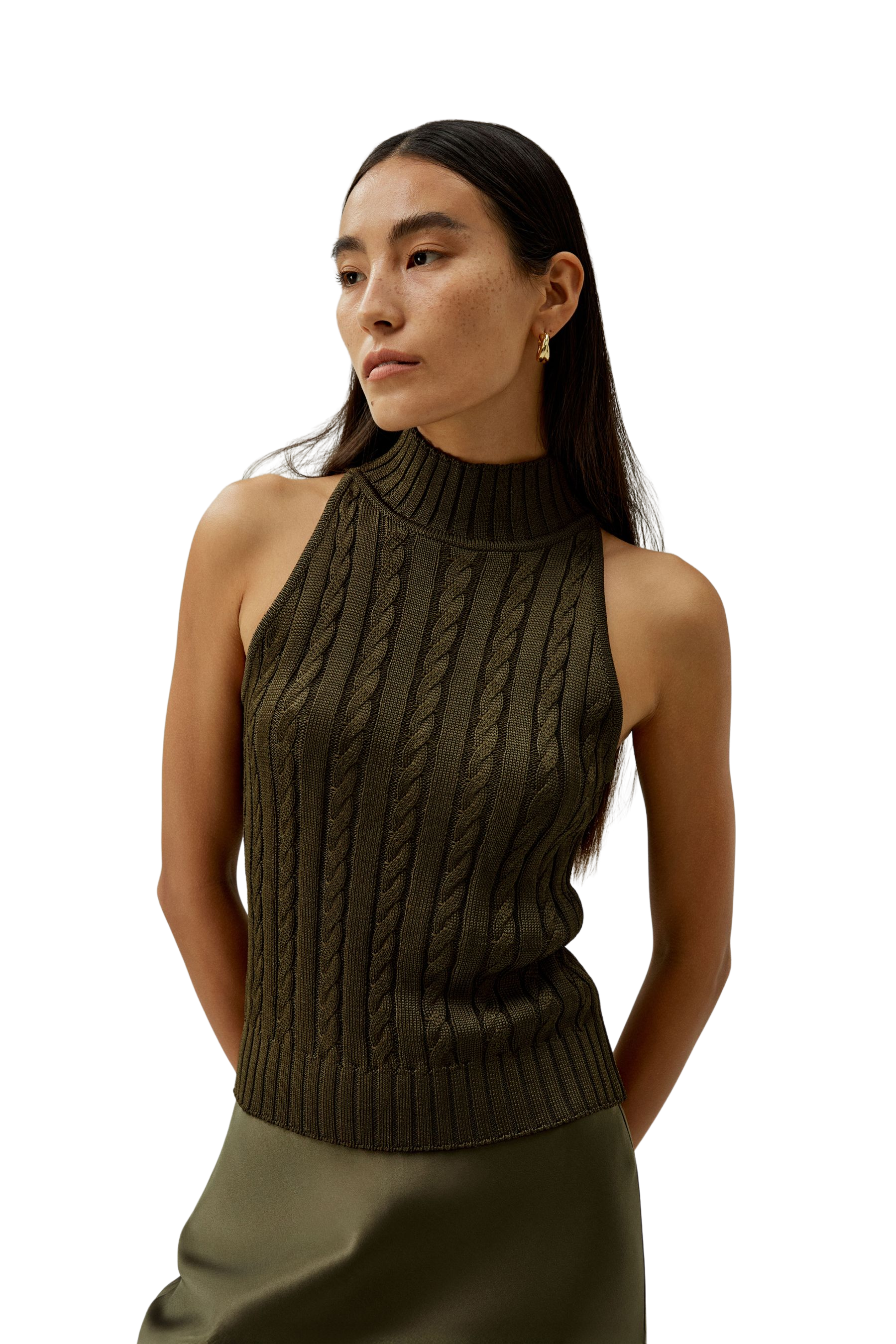 Classic High-Neck Cable-Knit Sleeveless Top