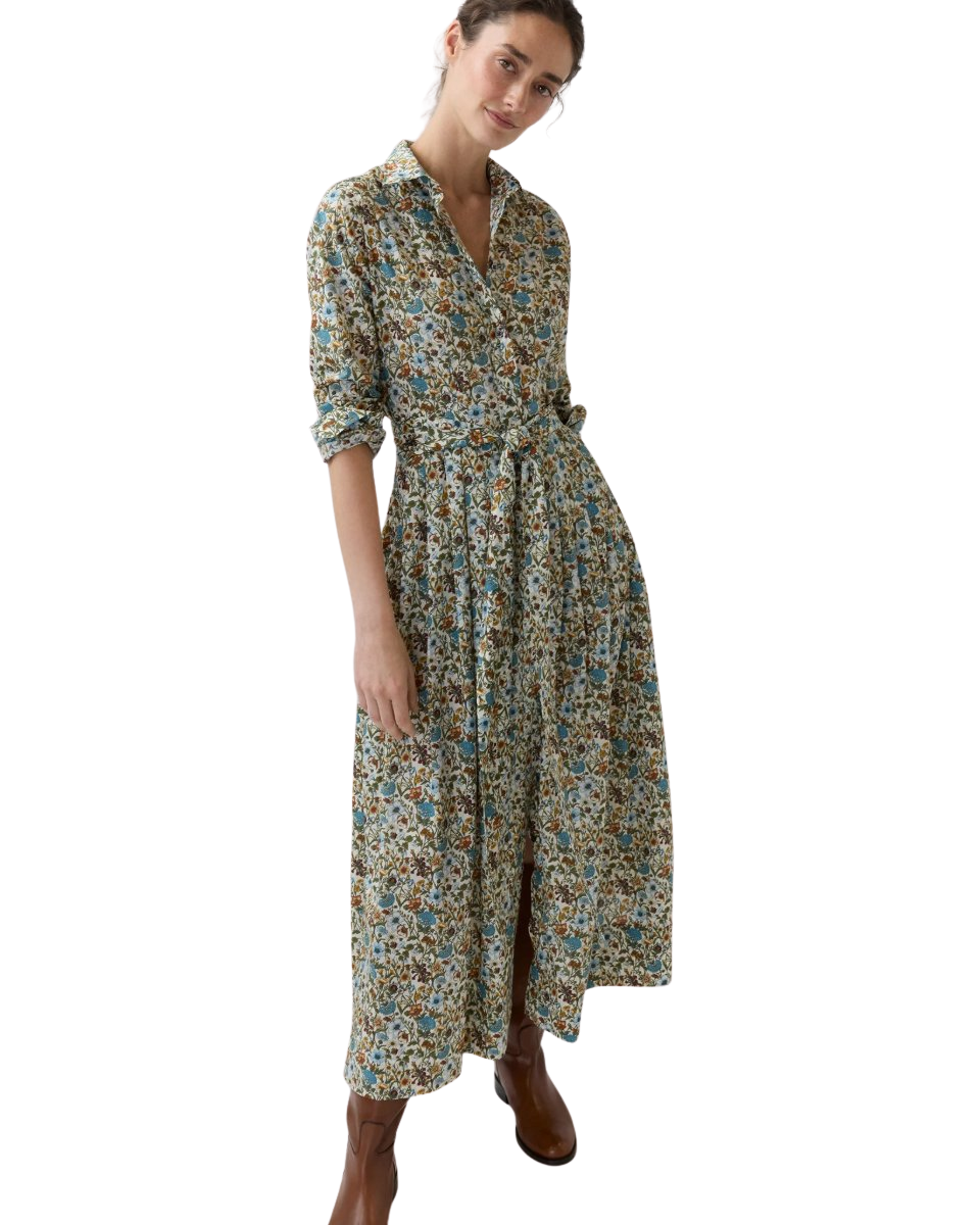 Classic Shirtwaist Maxi Dress in Moss/Cerulean Rachel Liberty Fabric