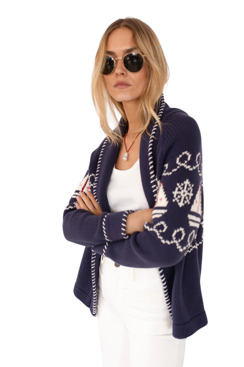 Marea Shawl Cardigan in Nautical Intarsia – Navy