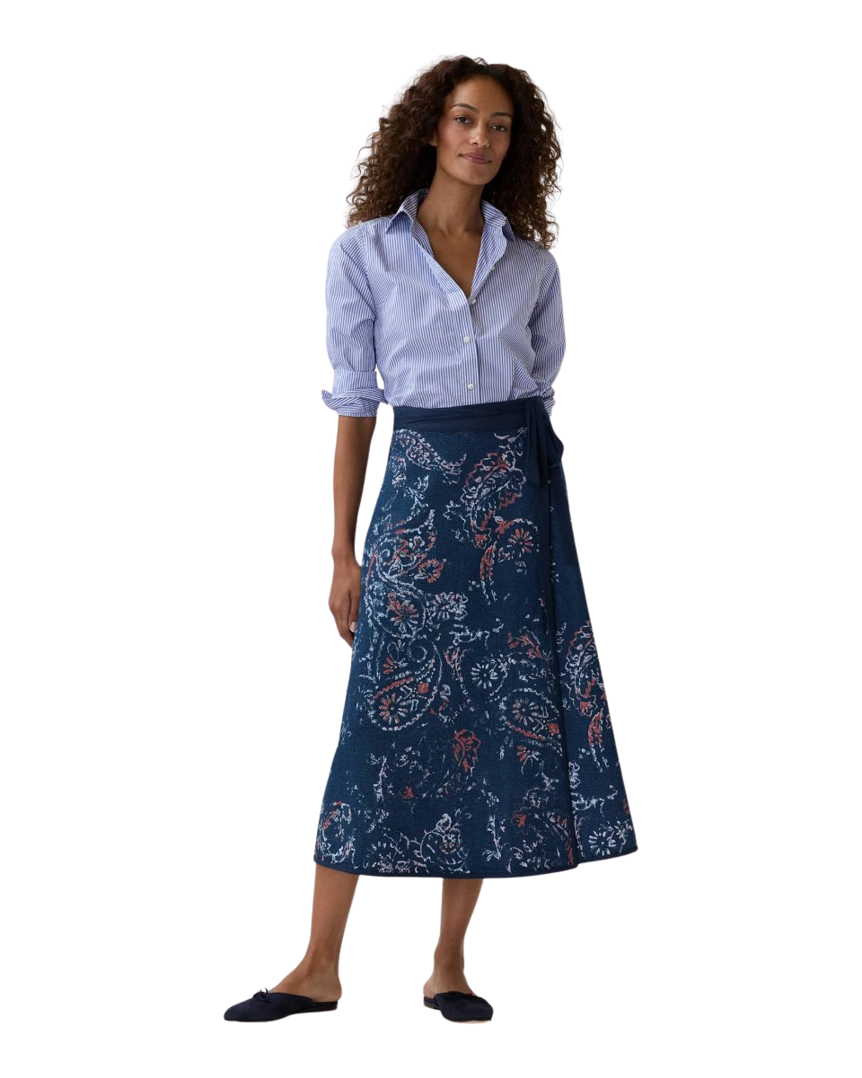 Wren Wrap Skirt Indigo/Red Painted Paisley Stretch Denim