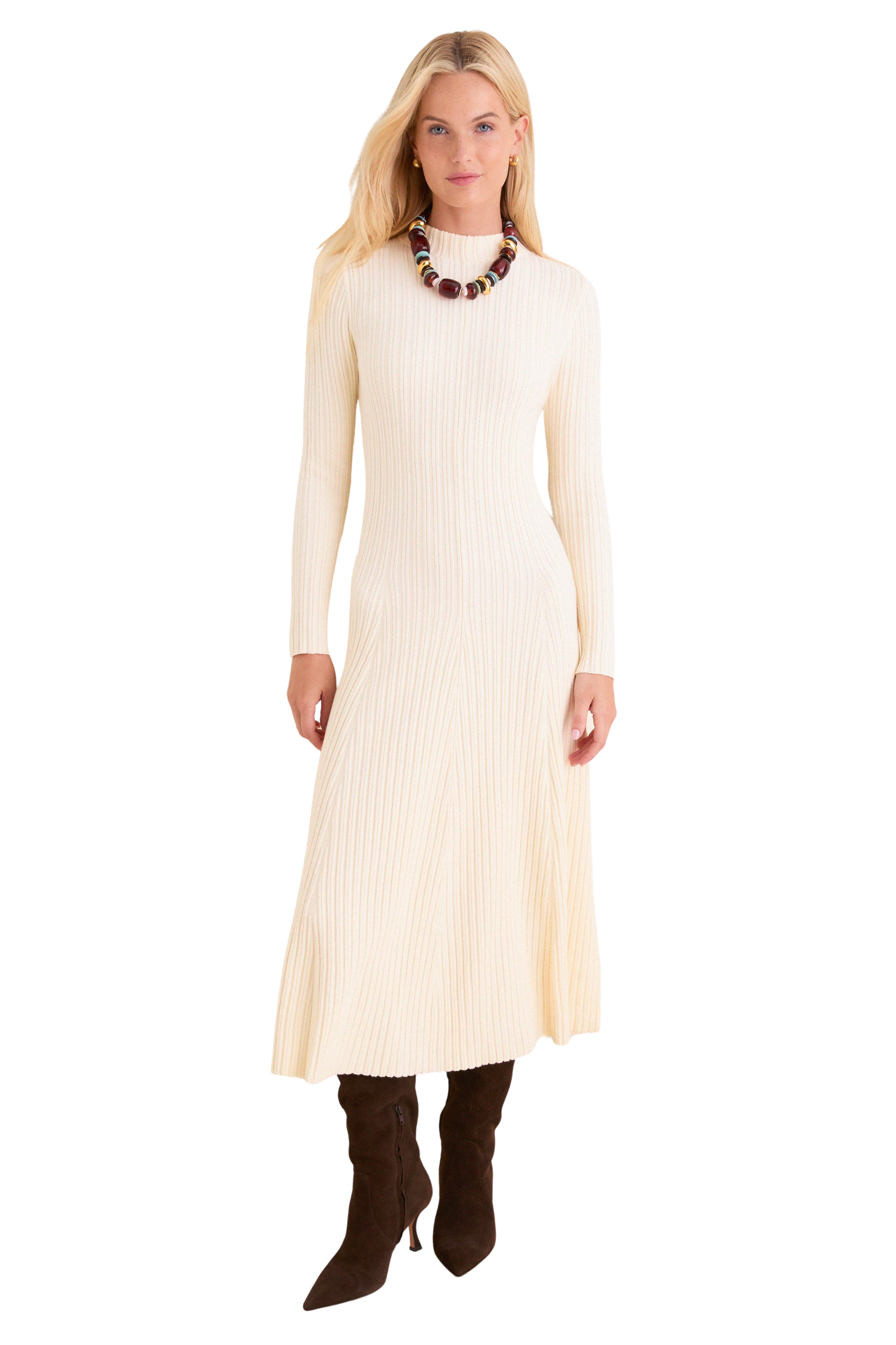 Cream Ribbed Knit Corey Midi Dress