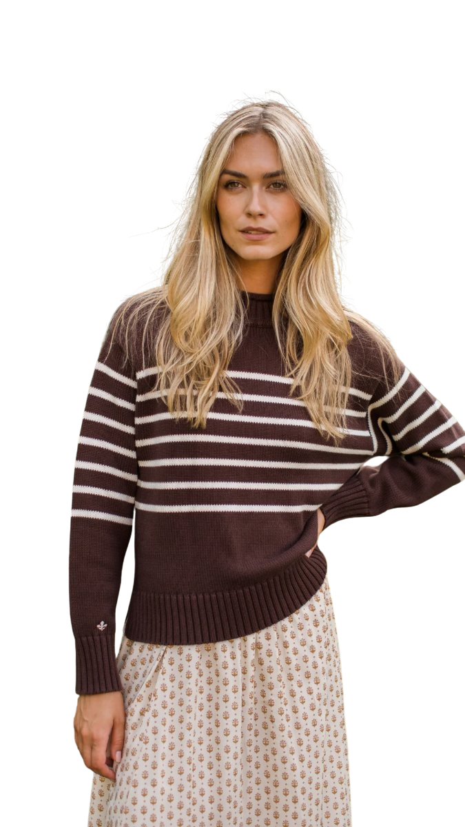 Millie Cotton Rollneck Sweater - Chocolate/Ivory Stripe