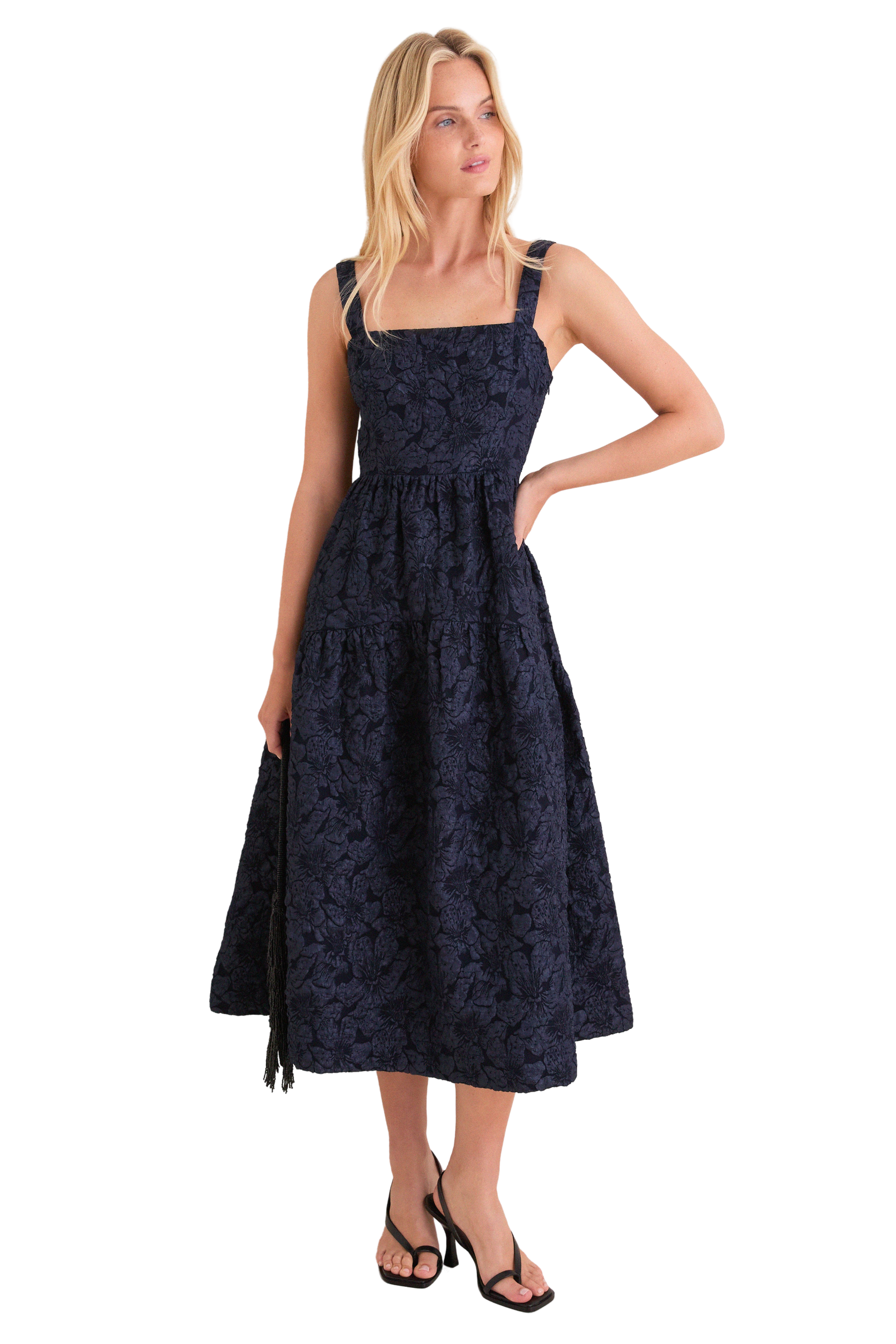 Navy Jacquard Square Neck Irene Midi Dress