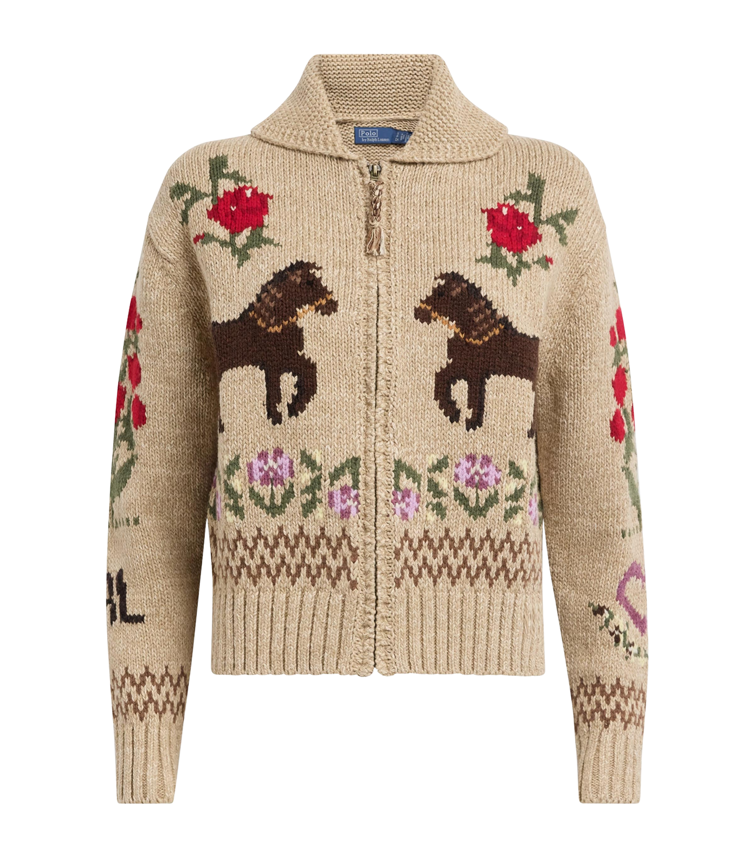 Polo Ralph Lauren Beige Cotton-Wool Horse Intarsia Zip-Up Cardigan