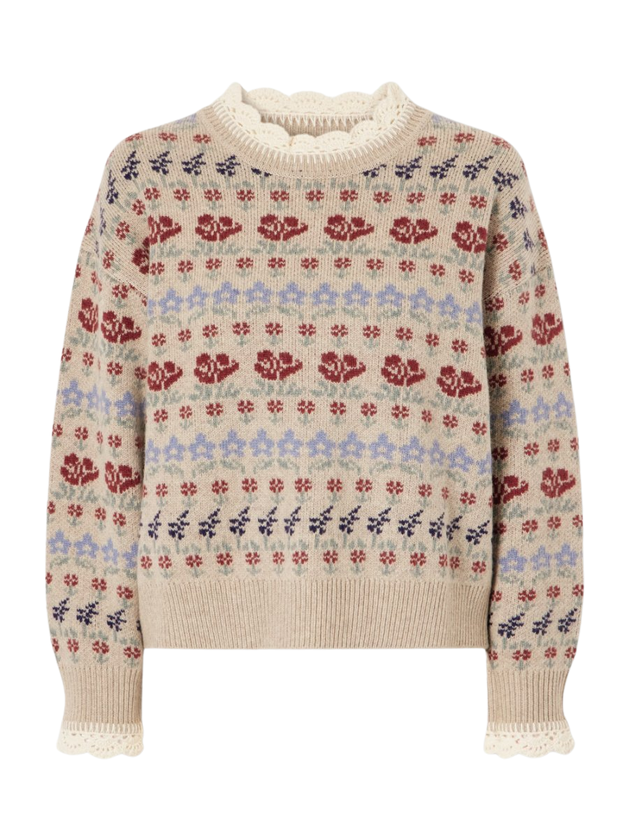 Preston crochet-trimmed floral-intarsia wool-blend sweater