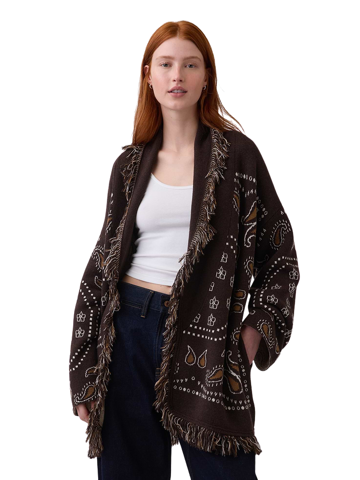 Cotton-Blend Fringe Shawl Cardigan