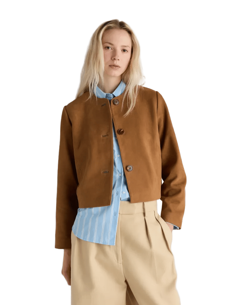 100% Suede Collarless Cropped Jacket