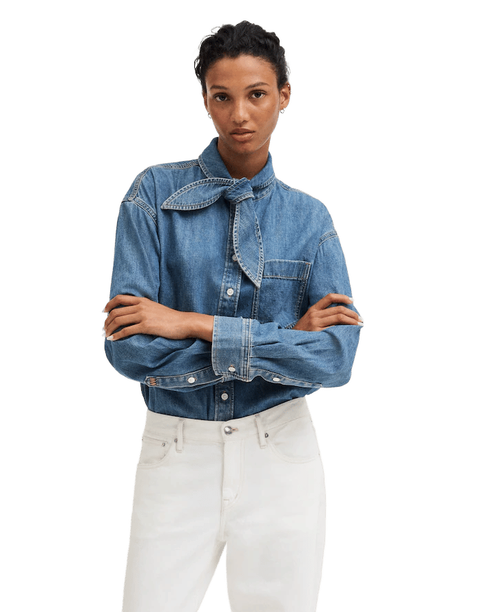 Denim Tie-Neck Oversized Shirt