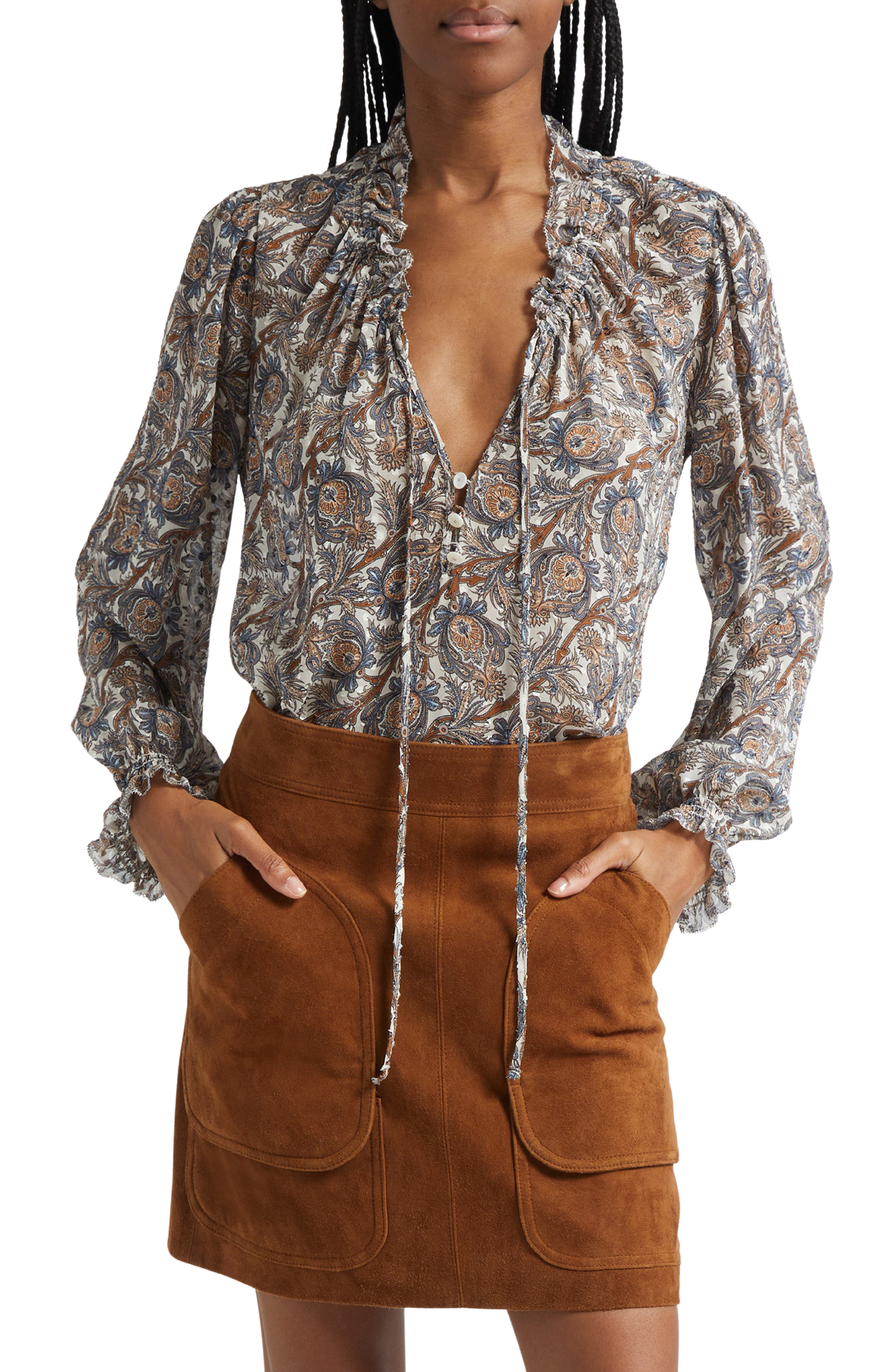 Hickory Print Tie Neck Silk Blend Shirt