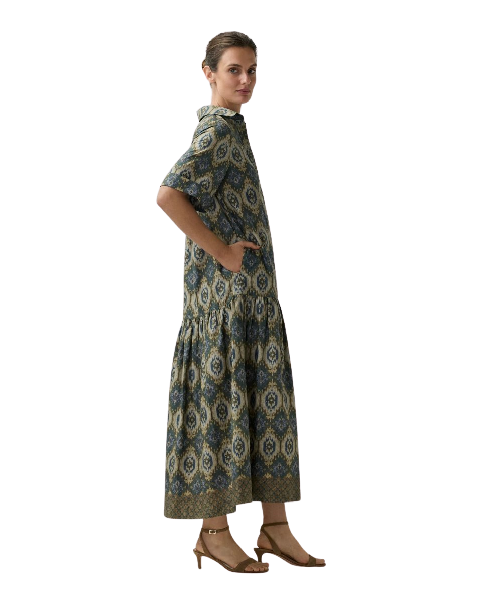 Nathalie Dress in Spruce/Tobacco/Multi Painted Tapestry Poplin