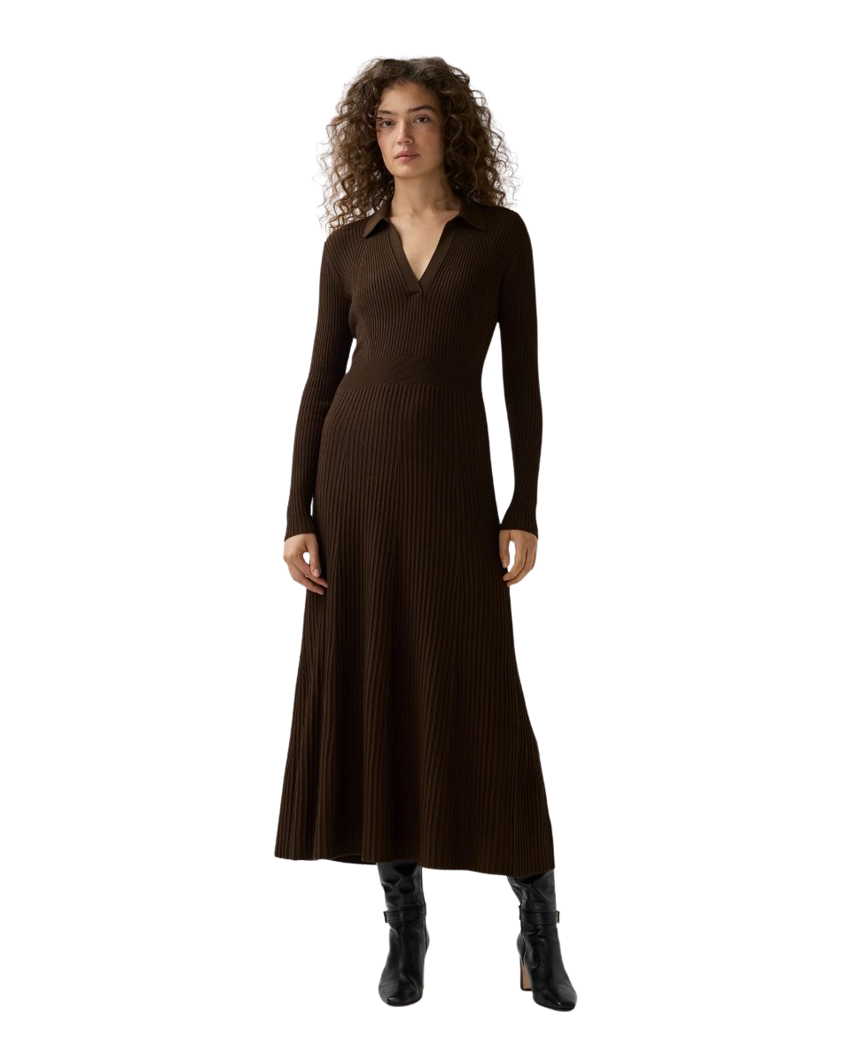 Addie Johnny-Collar Dress Brown Techno Yarn