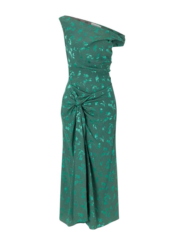 Floral-jacquard knot-detail satin midi dress