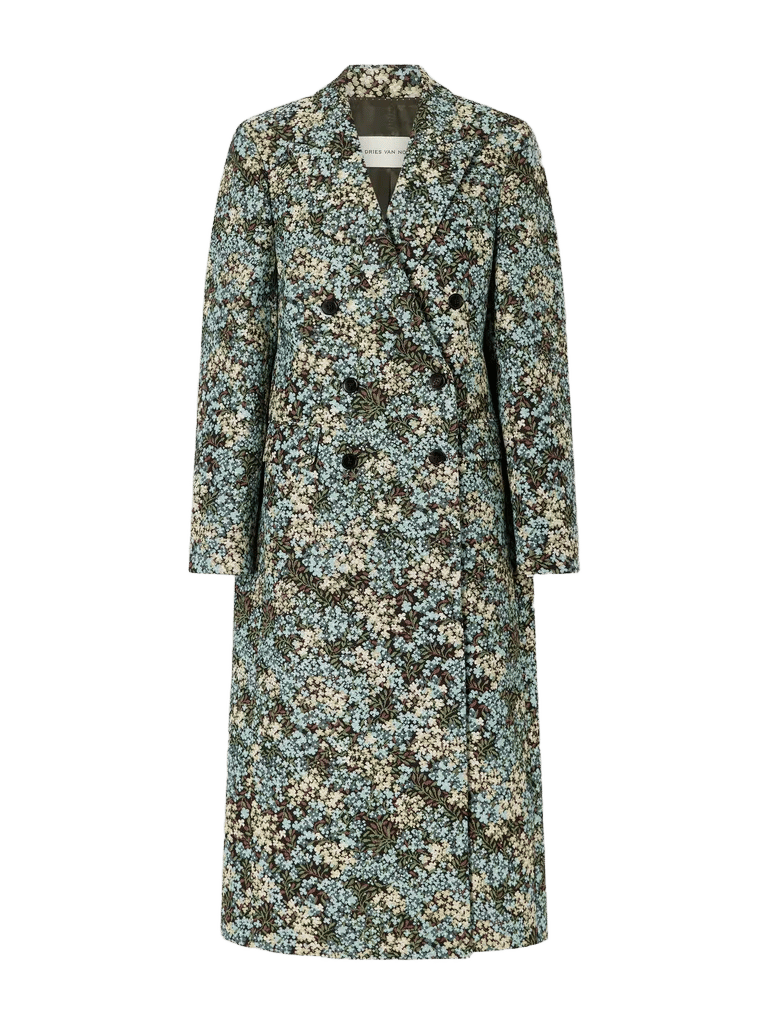 Double-breasted floral-jacquard coat