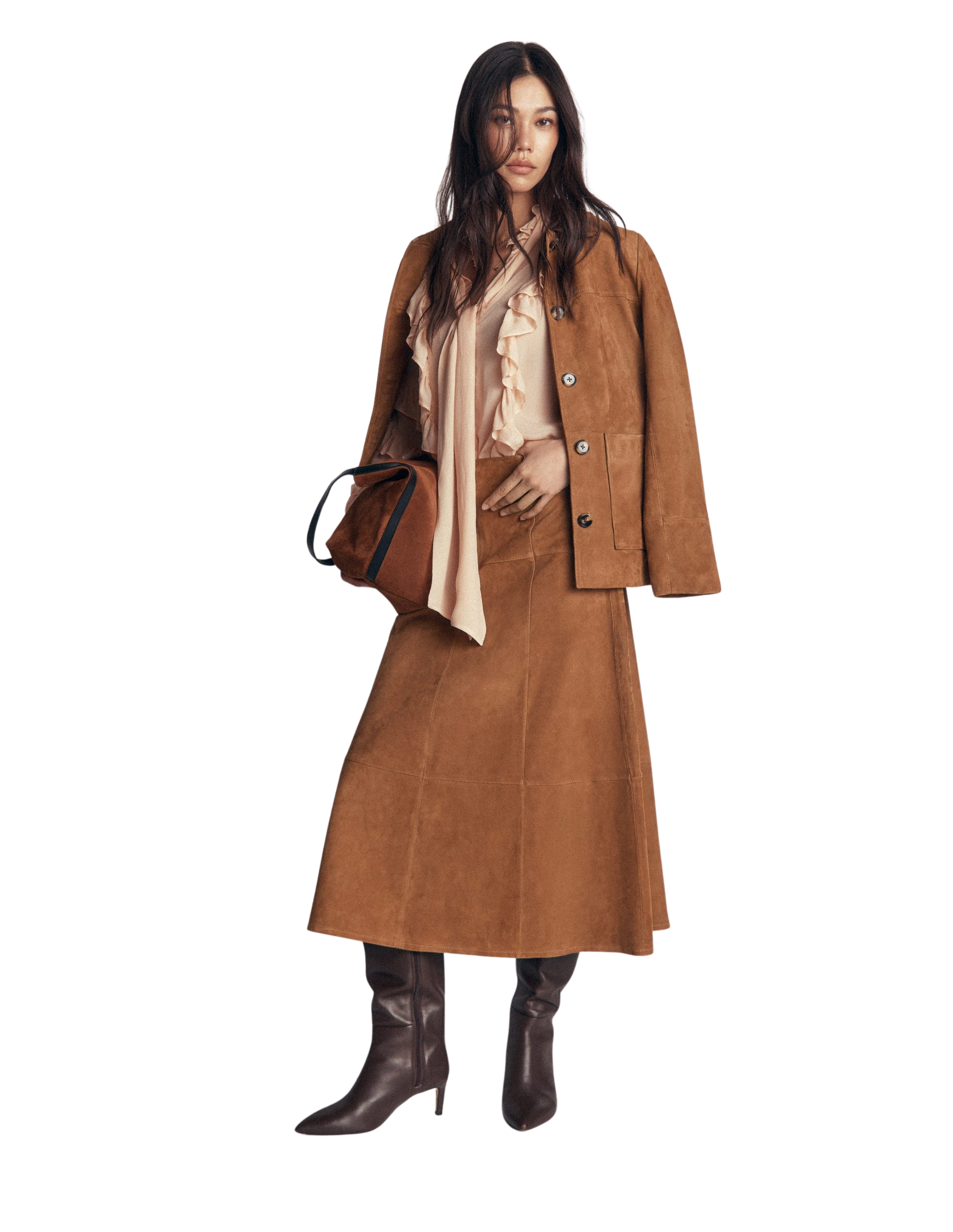 Suede Panelled Midi Skirt-Tan