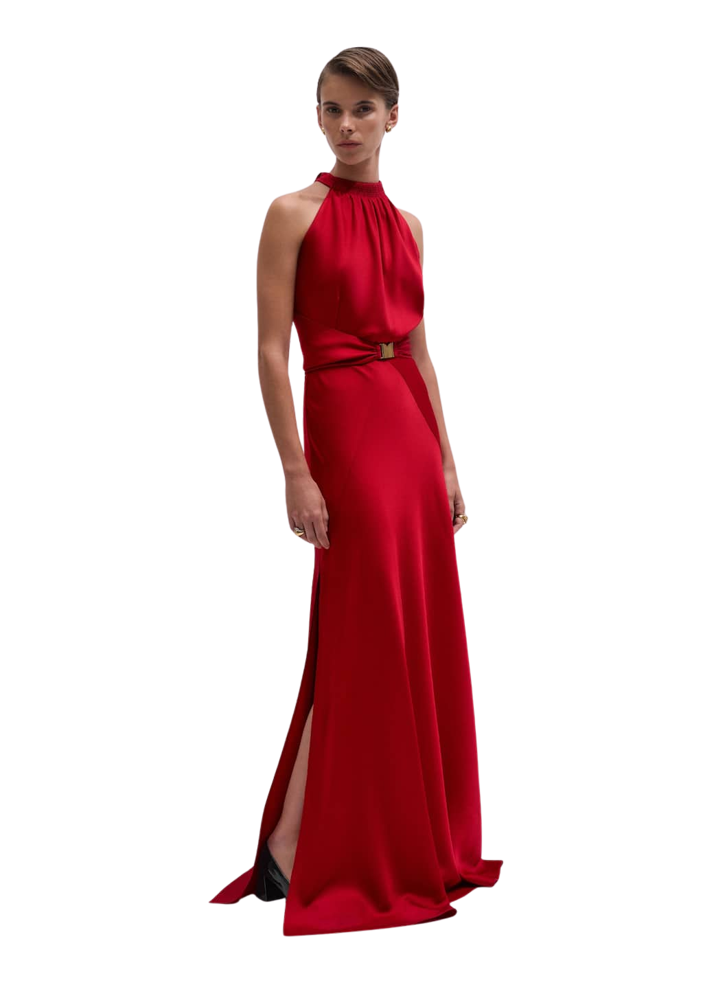 Belted Full-Length Dress Fluid Satin