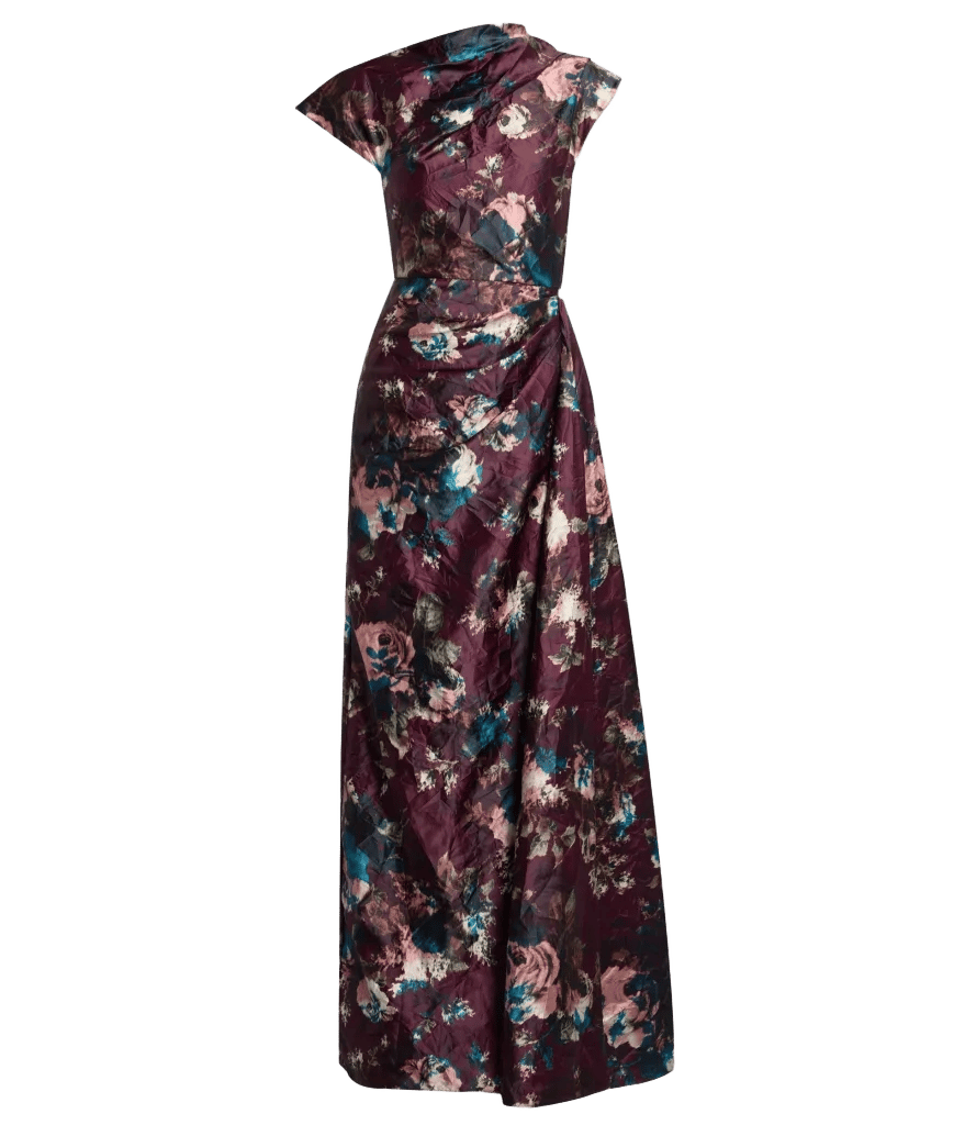 Floral Textured Satin Short Sleeve Draped Gown