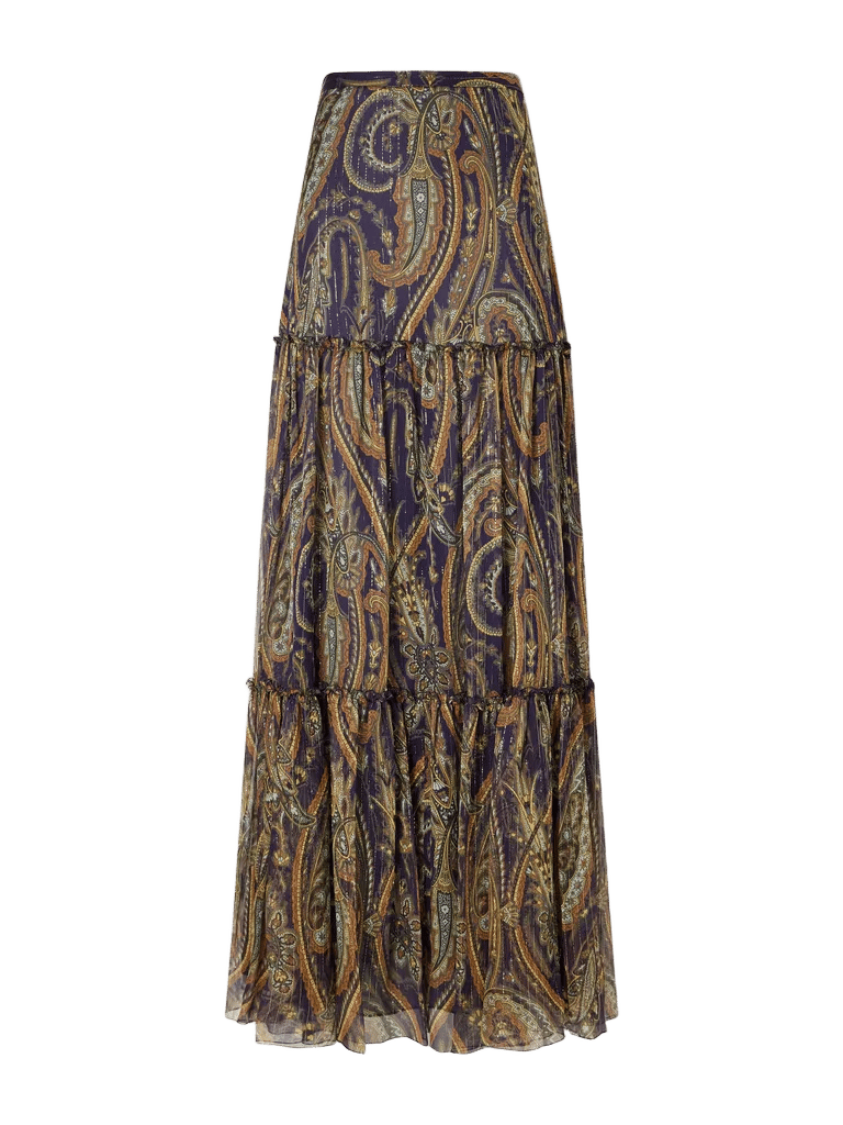 Tiered paisley-print metallic silk-blend chiffon maxi skirt