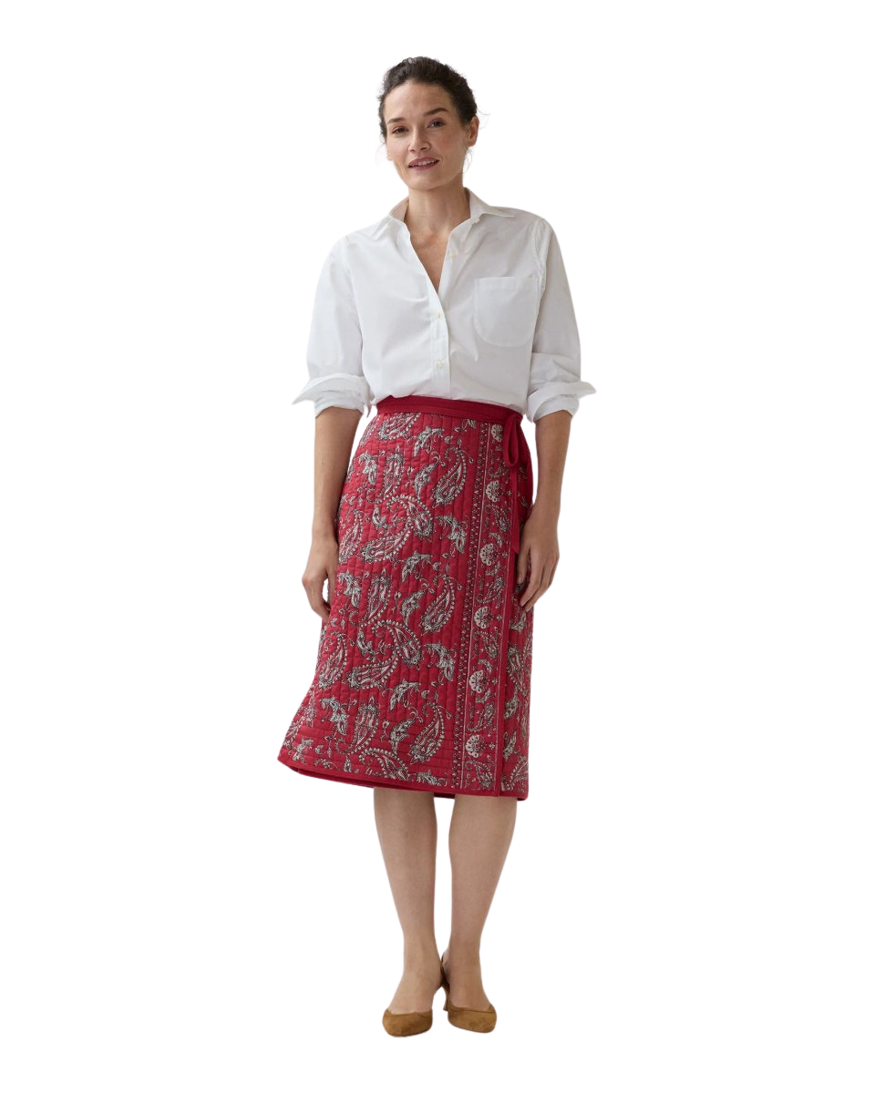 Reversible Quilted Adley Wrap Skirt in Red/Navy Bandana Poplin