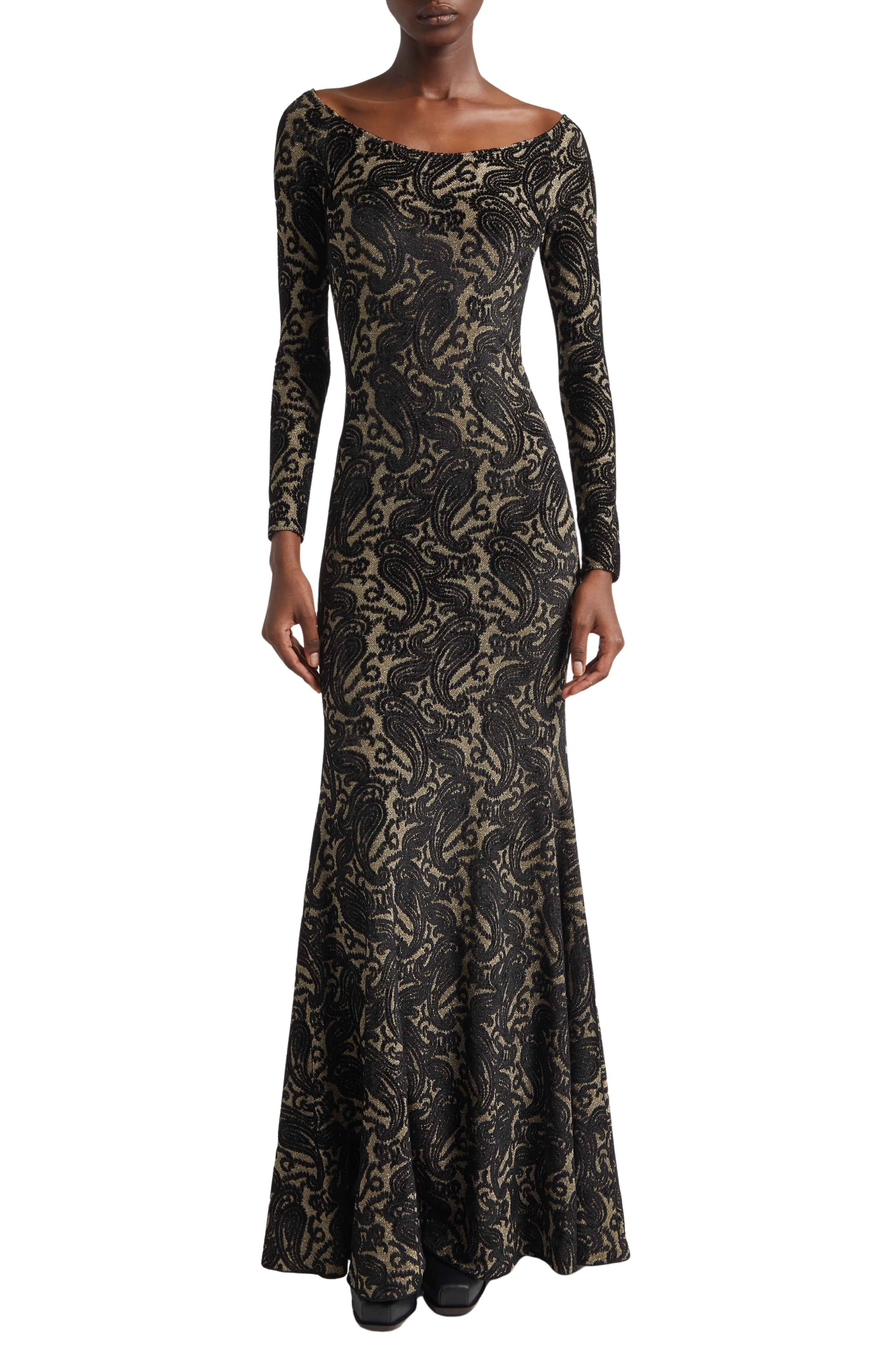 Long Sleeve Metallic Paisley Chenille Gown
