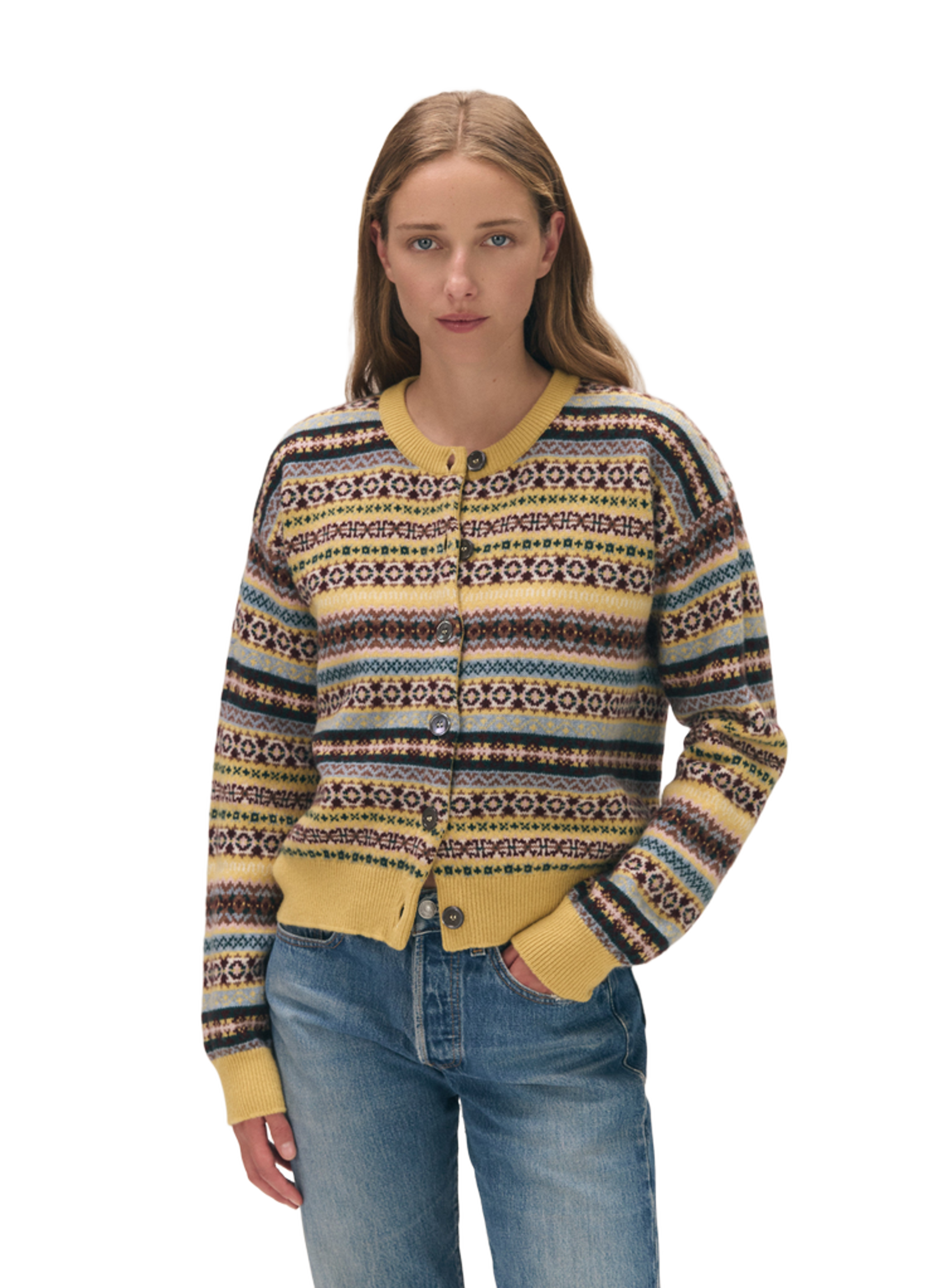Ada Fairisle Crewneck Cardigan in Yellow Multi